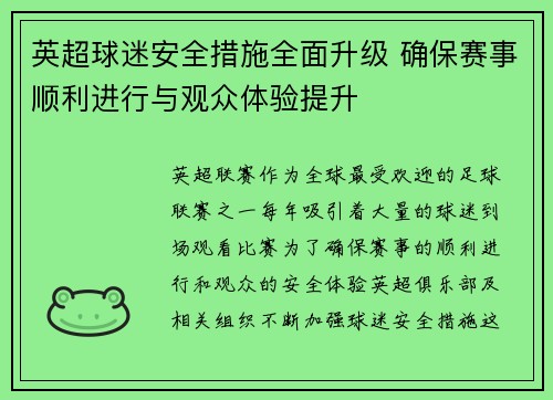 英超球迷安全措施全面升级 确保赛事顺利进行与观众体验提升 英超球迷安全措施全面升级 确保赛事顺利进行与观众体验提升